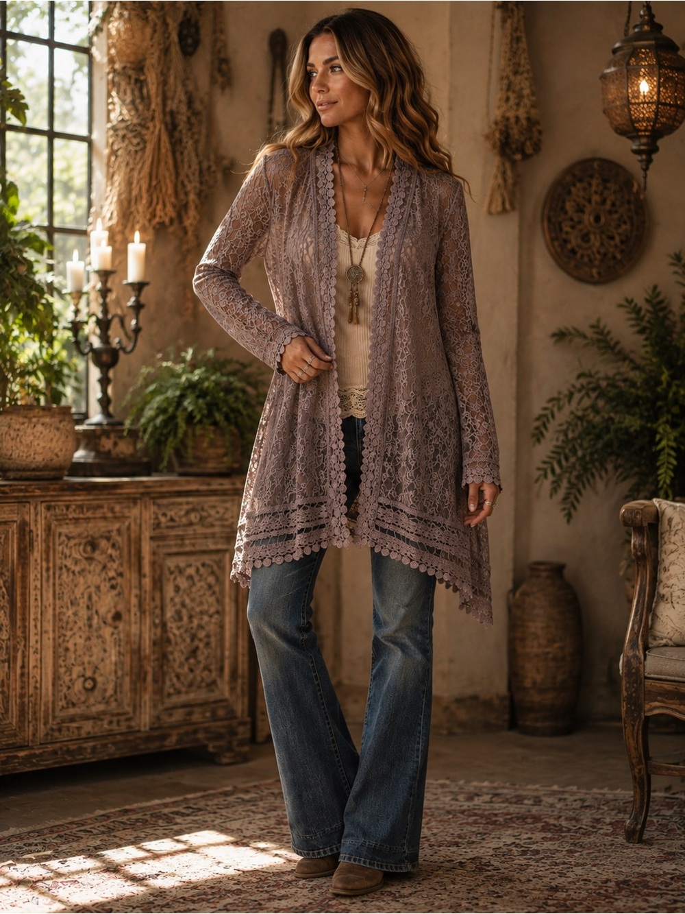 NWOT - L - Altar'd State Dusty Brown Lace Open-Front Cardigan